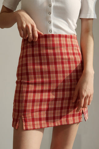 retro double slit high waist red plaid skirt