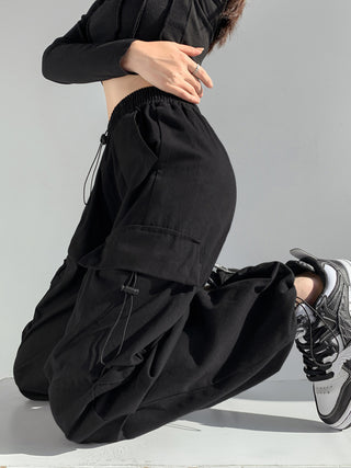 high waist straight loose drawstring cargo pant