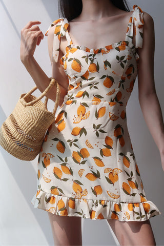 French Yellow Lemon Print Skirt Retro Dress