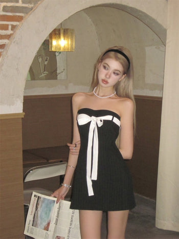 tube top bow straps plaid Coquette mini dress