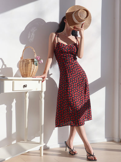 retro rose print side slit long dress