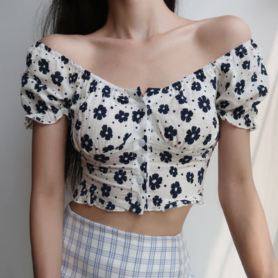 one-shoulder design puff sleeve floral