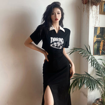 Polo Collar Back Laced Long Skirt Dress