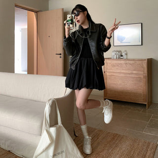 retro lapel leather jacket