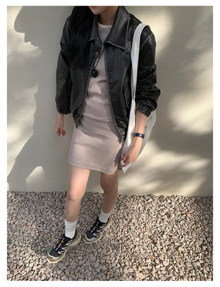 retro lapel leather jacket