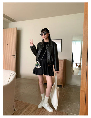 retro lapel leather jacket