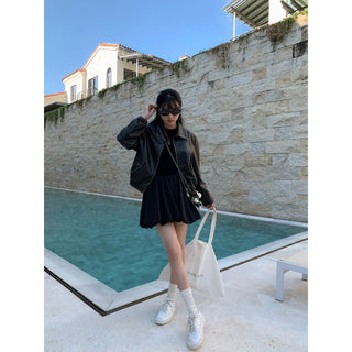 retro lapel leather jacket