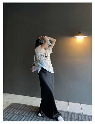 satin drape slim maxi skirt