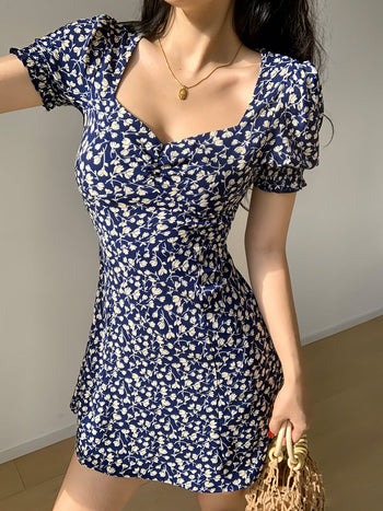 navy blue square-neck floral short dress