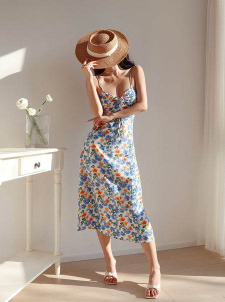 two-tone daisy print sling dress