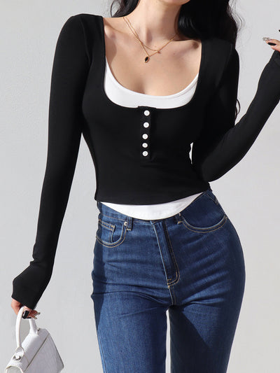 two-piece U-neck long-sleeve top
