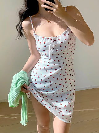 white strawberry printed lace dress