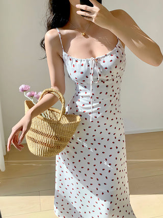 white strawberry printed lace dress