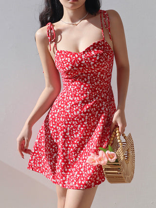 retro pastoral red floral print dress