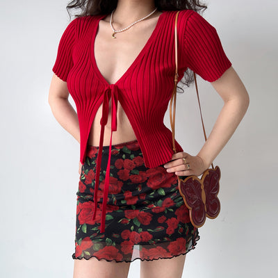 retro High Waist Rose Print Mesh Skirt