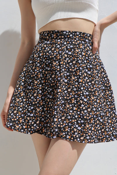 French high waist retro black floral short skirt
