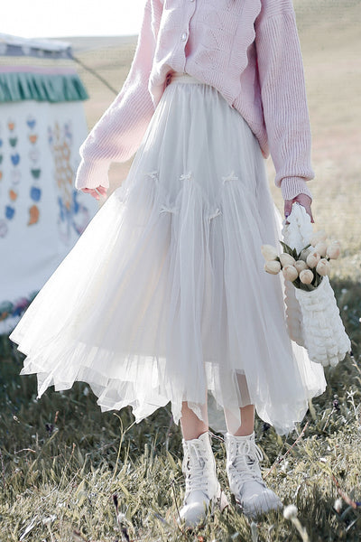 high-waist three-dimensional bow decoration mesh skirt
