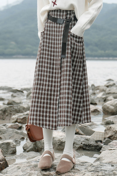 High Waist Wool Plaid Mid-length A-Line Skirt