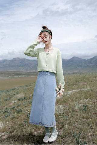 Mid-length retro embroidery floret denim skirt
