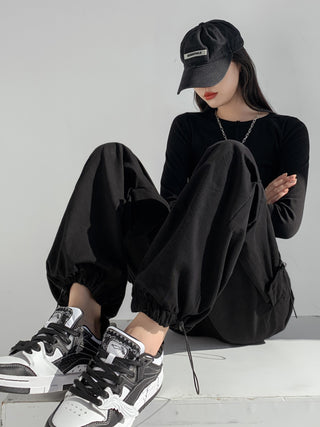 high waist straight loose drawstring cargo pant