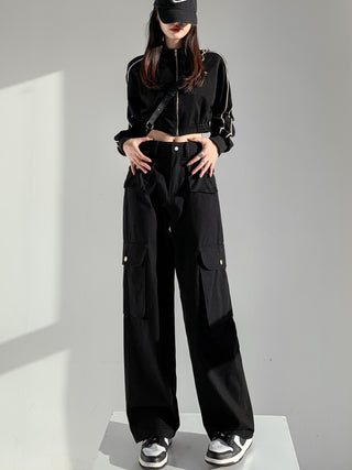 high waist straight loose Drape drawstring cargo pant