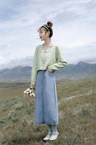 Mid-length retro embroidery floret denim skirt