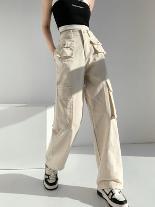 high waist straight loose Drape drawstring cargo pant