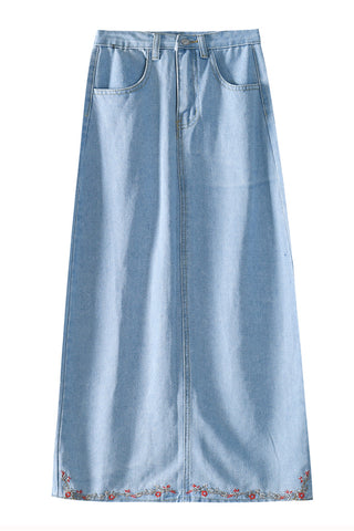 Mid-length retro embroidery floret denim skirt