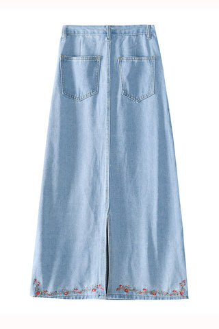Mid-length retro embroidery floret denim skirt