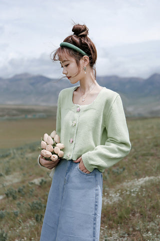 Mid-length retro embroidery floret denim skirt