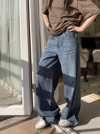 blue polka dots design loose jeans