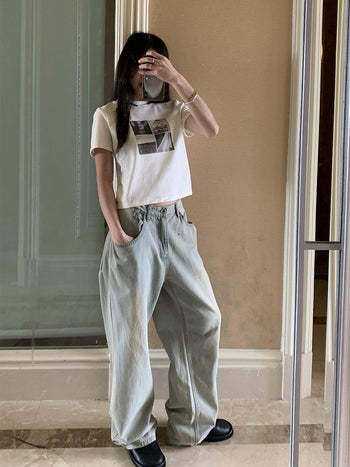 light blue distressed retro loose wide-leg jeans