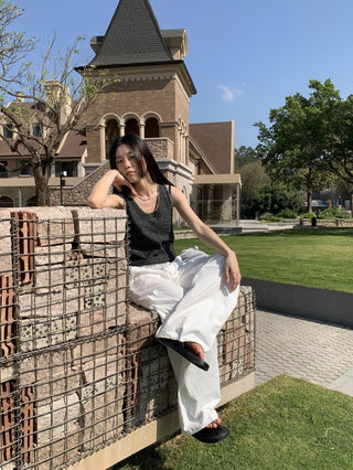 white drawstring wid-leg cargo pants