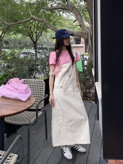 denim overalls cartoon graphic dress